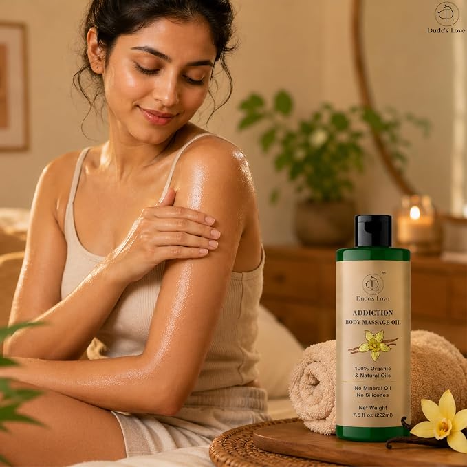 Addiction Body Massage Oil | Vanilla Scent | 100% Natural & Organic Oils | No Mineral Oil, No Silicones | Deep Nourishing Body Oil | 7.5 fl oz (222ml)