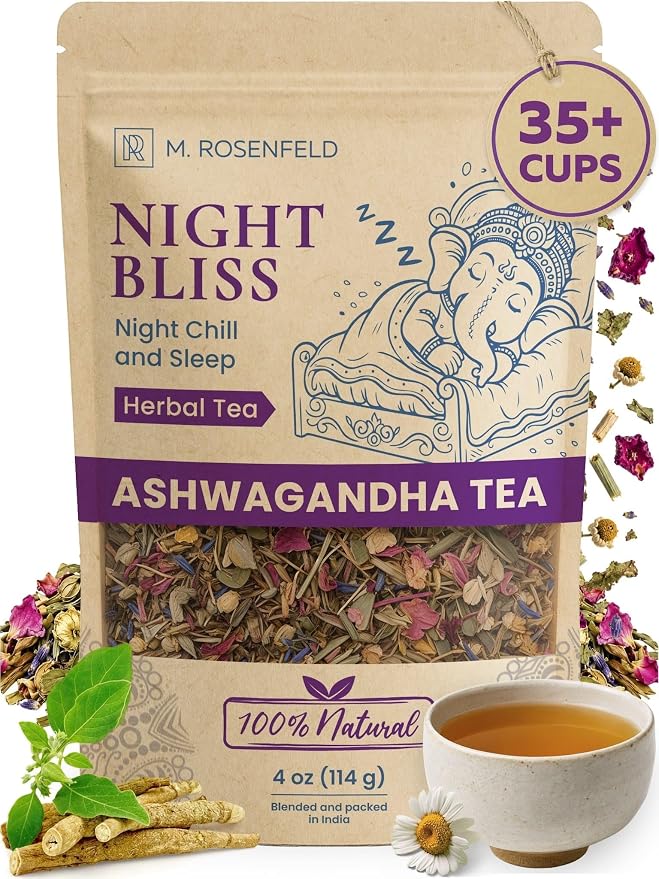 Night Bliss Tulsi Ashwagandha Tea Loose Leaf - Evening Ritual Herbal Blend for Sleep Support & Relaxation - Caffeine Free with Holy Basil, Chamomile, Lemongrass & Lavender, 4 oz