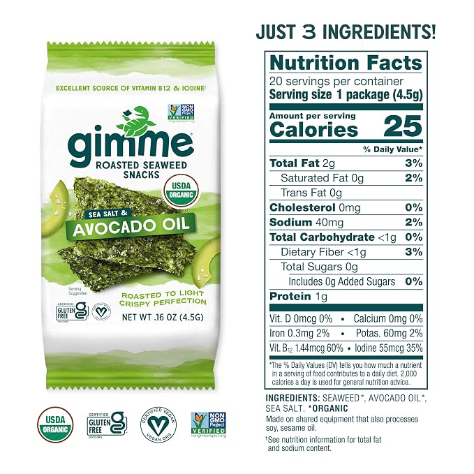 Gimme 20 CT Sea Salt & Avocado Oil Organic Seaweed Snacks, 4.5g, 0.16oz
