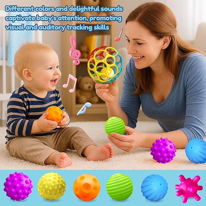 Baby Toys 6-12 Months, Sensory Textured Balls for Toddlers 1-3 Soft, Colorful Infant Rattle Teething Toys 3-6 Months Easy Grasp, Montessori Gift Sets 7-Pieces for Newborn Boys & Girls