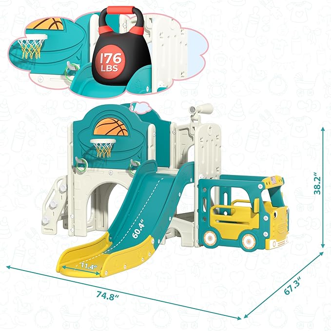 NYEEKOY 9-in-1 Toddler Slide, Bus-Themed Baby Slide and Climber Playset with Basketball Hoop, Ring-Toss, Car Playhouse, Kids Indoor and Outdoor Playground