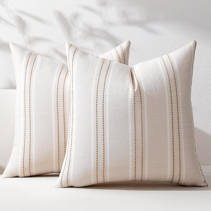Hckot Tan Brown Throw Pillow Covers 22x22 Set of 2 Striped Pillow Covers | Farmhouse Decorative Pillows Textured Linen Square Cushion Covers for Sofa Couch Bed Living Room Decor(Tan)