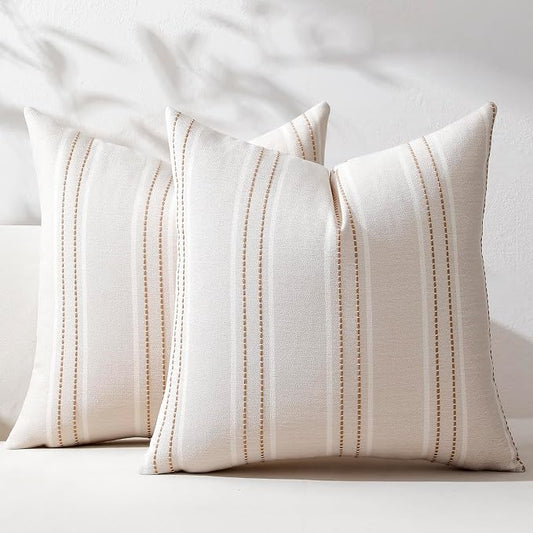 Hckot Tan Brown Throw Pillow Covers 22x22 Set of 2 Striped Pillow Covers | Farmhouse Decorative Pillows Textured Linen Square Cushion Covers for Sofa Couch Bed Living Room Decor(Tan)