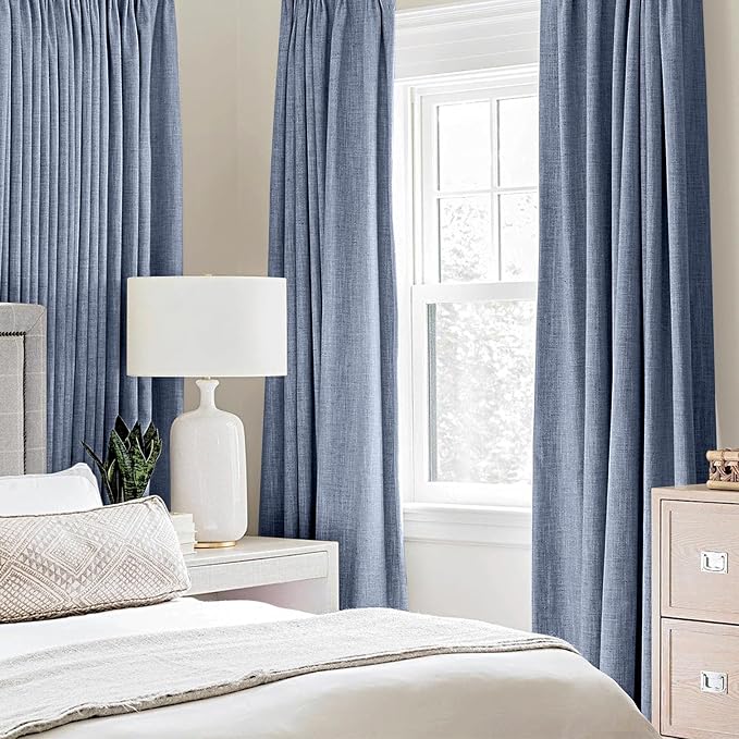 MIULEE Linen Texture Curtains for Bedroom Solid 100% Blackout Thermal Insulated Stone Blue Curtains Grommet Room Darkening Drapes Luxury Decor for Living Room 52x90 Inch (2 Panels)