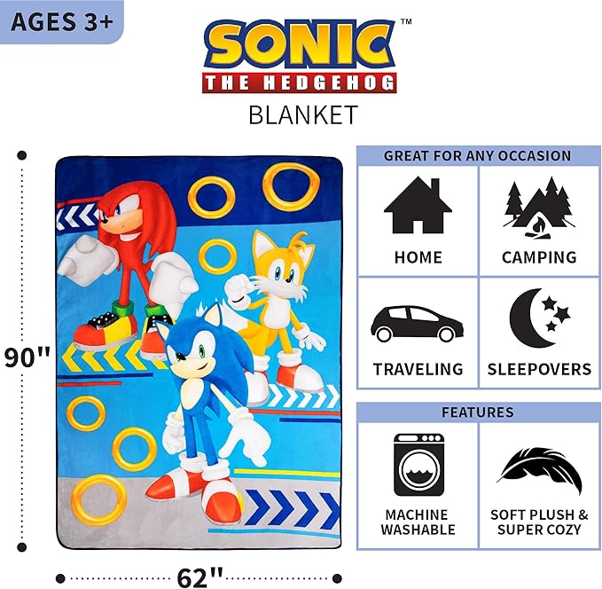 Franco Kids Bedding Super Soft Plush Micro Raschel Blanket, 62 in x 90 in, Sonic The Hedgehog (Pack of 6)