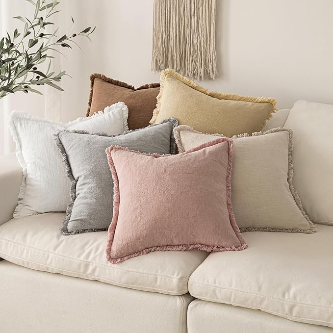 MIULEE Boho Linen Fringe Decorative Throw Pillow Covers White 18x18 | Set of 2, Cottagecore Decor, Boho Farmhouse Neutral Pillow Covers, Rustic Couch Cushion Cases for Sofa Bed Living Room