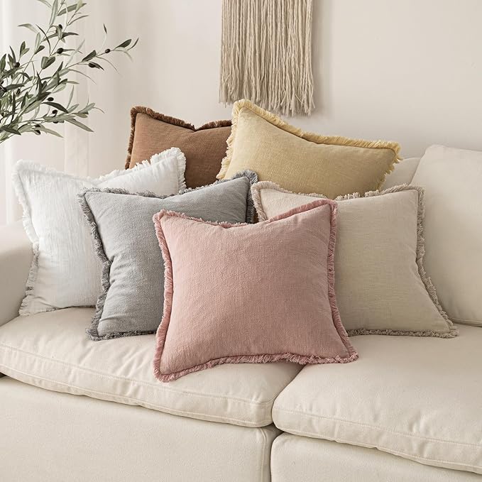 MIULEE Boho Linen Fringe Decorative Lumbar Throw Pillow Covers White 12x20 | Set of 2, Cottagecore Decor, Boho Farmhouse Neutral Pillow Covers, Rustic Couch Cushion Cases for Sofa Bed Living Room