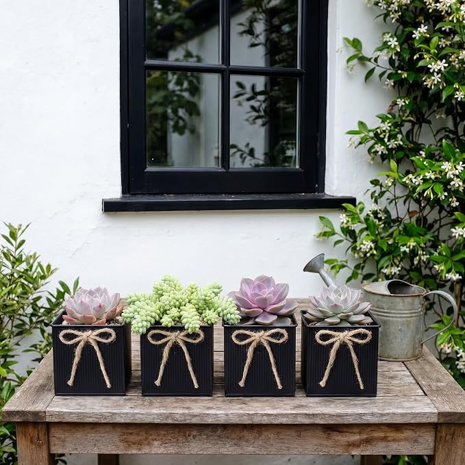 12 Pack Galvanized Square Vases with Floral Foam, 3.5 inch Waterproof Rustic Tin Buckets with Twine Bows, Mini Farmhouse Metal Planter Centerpieces for Wedding Party Table Decor(Black)