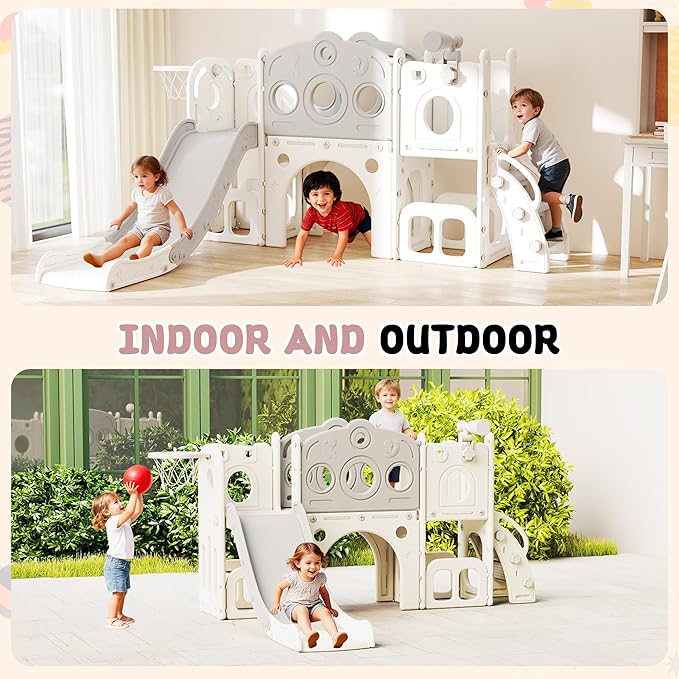 GITAWUSA 8 in 1 Toddler Slide, Outdoor Indoor Playset for Kids Baby Age 1 2 3, Childs Climber Slide with Storage Space and Non-Slip Steps, Basketball Hoopa and Telescope, Gray & White