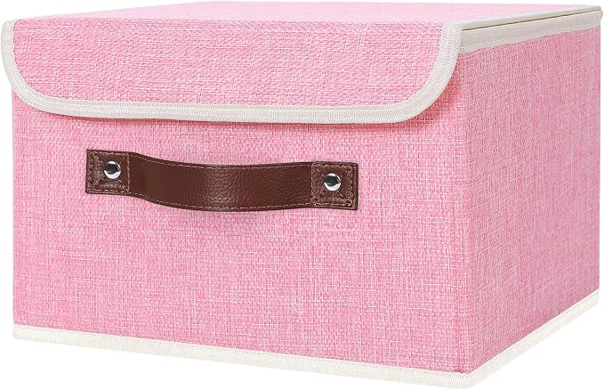 ANMINY Fabric Storage Box Bins with Lids, Pink, 10"x8"x7" | Keepsake Memory Storage, Cotton Linen, PP Board Reinforced, Washable, PU Handles, Foldable & Stackable, Decorative, Small