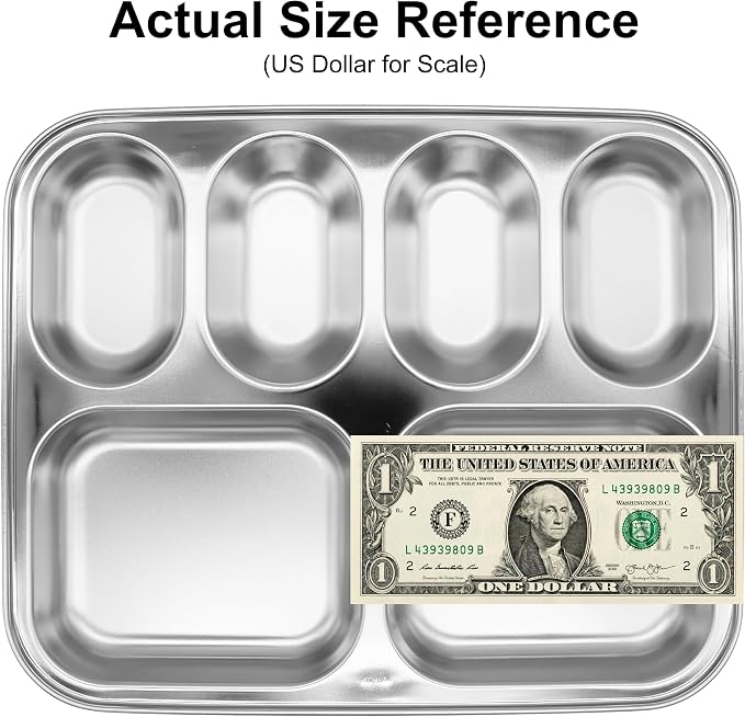 Korean Stainless Steel Divided Plates for Kids & Adults 2-Pack Food Tray | 6-compartment tray for portion control. Premium 304 electro-polished stainless steel, no black residue