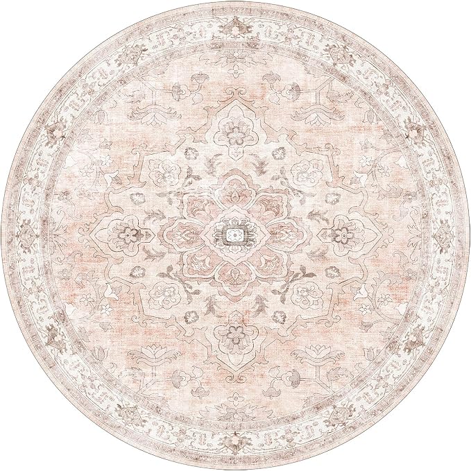 CAPALOCA Round 4ft Washable Nursery Girls Low Pile Area Rug Pink | Non-Slip Soft Rugs for Bedroom Kids Playroom Living Room, Print Pattern Water Repellent Carpet Indoor Decor