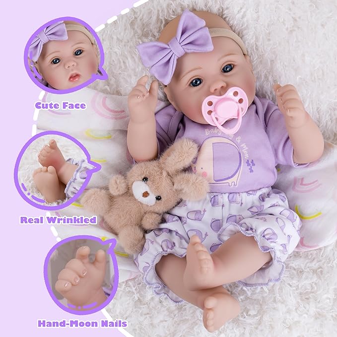 Milidool Lifelike Reborn Baby Dolls Girl - Realistic 18-Inch Newborn Baby Doll, Nice Gift for Kids Age 3+, Parents-to-be, Grandparents,Purple Clothes