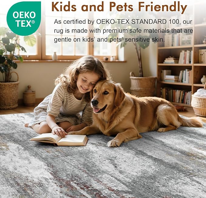 8x10 Ft Large Abstract Area Rugs for Living Room, Soft Non-Slip Modern Washable Rugs Print Pattern Carpet for Bedroom Indoor Floor Nursery Home Decor (Grey/Gold-Brown/Red-Brown)