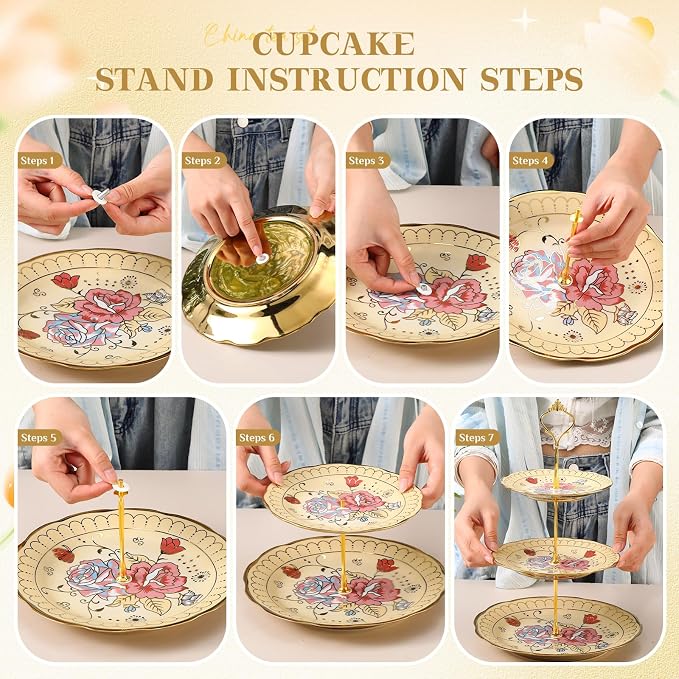 21 Pcs Ceramic Teapot Set Vintage Porcelain Tea Cups with Metal Holder and High Tier Cupcake Stand Saucers for Women Girls Farmhouse European Weddings Party Decor Gifts (Yellow,Vintage)