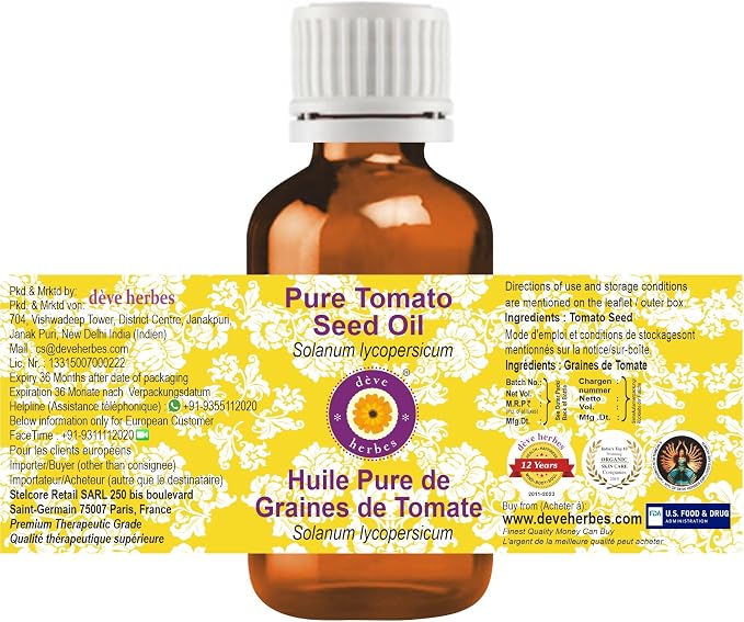 Deve Herbes Tomato Seed Oil (Solanum lycopersicum) | Cold Pressed | Pure | Natural | For Diluting Essential oils | For Skin & Massage | Non-Sticky| Lightweight| Men & Women | 15ml (0.50 oz)