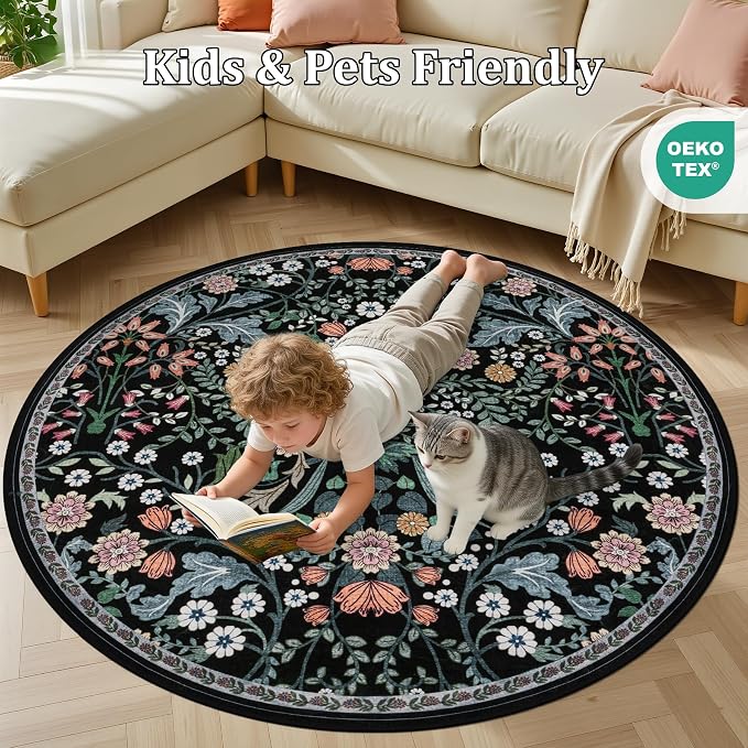 Round Area Rug for Living Room: 6 ft Floral Washable Circle Rug Soft Boho Non-Slip Carpet Indoor Stain Resistant Low Pile Small Circular Rug for Bedroom Entryway Kitchen Nursery Home Office Dark Black