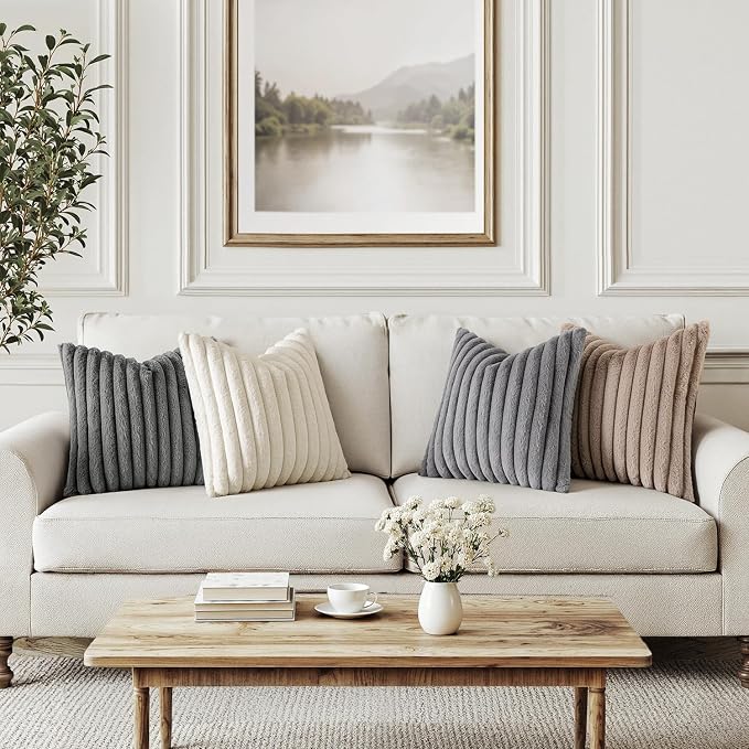 MIULEE Faux Fur Plush Decorative Throw Pillow Covers 20x20, Grey Taupe | Set of 4, Striped, Soft Boho Farmhouse Vintage, Rustic Cozy Home Decor, Cushion Cases for Sofa Couch Bed Living Room