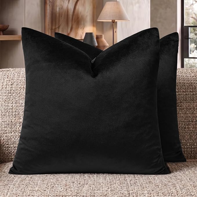GIGIZAZA Black Velvet Pillow Covers 18x18 Decorative Pillows Pack of 2 | Throw Pillows for Couch Sofa,280gsm Soft Textured Fabric,Modern Square Pillowcases,Luxury Cushion Covers