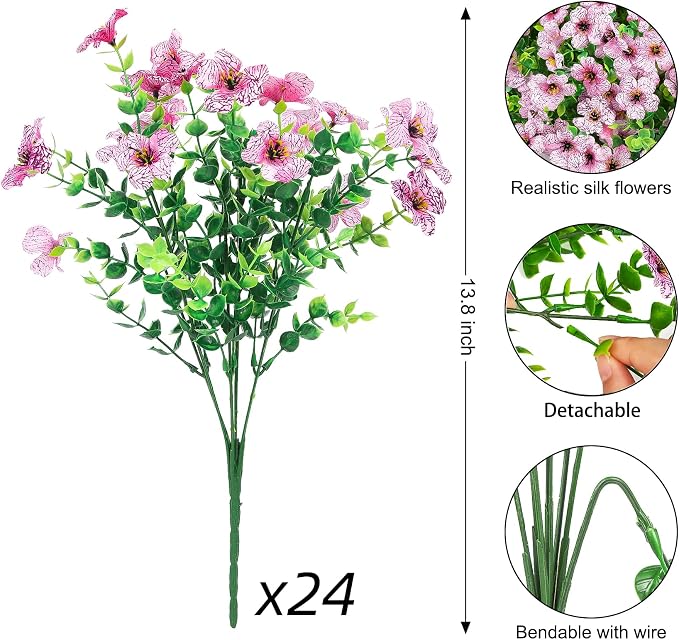 Ouddy Decor 24 Pcs Artificial Flowers for Outdoors Decorations, Pink | Lifelike silk flowers, UV resistant, faux plastic plants, for garden porch window table vase home indoor outdoor decor