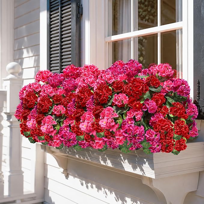 Artificial Geranium Fake Flowers for Outdoors Decoration, 6 Bundles Silk Geraniums Flower UV Resistant Look Real Faux Plants for Front Door Garden Porch Planter Patio Balcony Yard Indoor Home, Mix