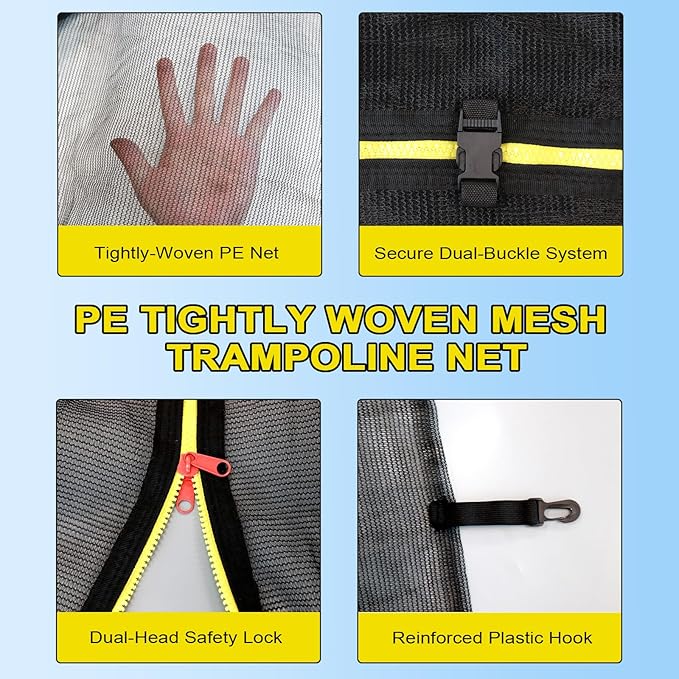 10Ft/15Ft Trampoline Net Replacement Safety Enclosure Net for 6 Straight Poles, Slide-On Mounting PE Tightly Woven Mesh Netting Included Ropes (Not Include Trampoline Poles)