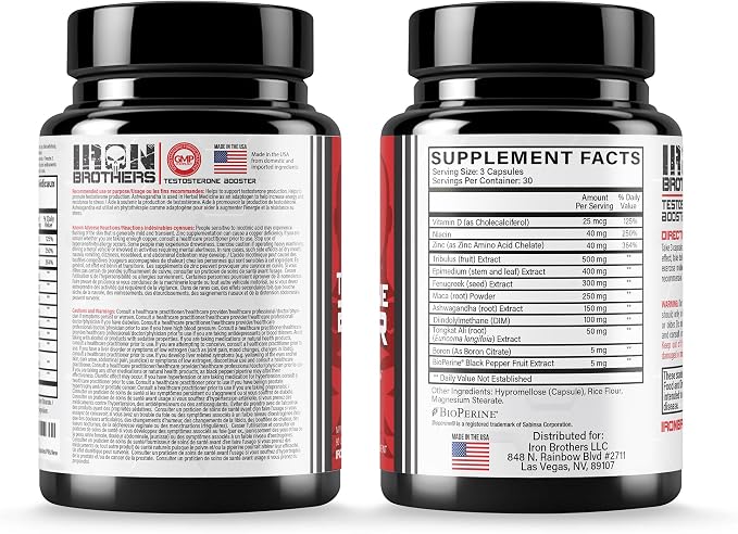 Iron Brothers Men’s Testosterone Support Supplement – Tribulus, Tongkat Ali, Ashwagandha & DIM – Daily Performance & Vitality Formula – with Fenugreek & Zinc – 60 Day Cycle – 180 Capsules