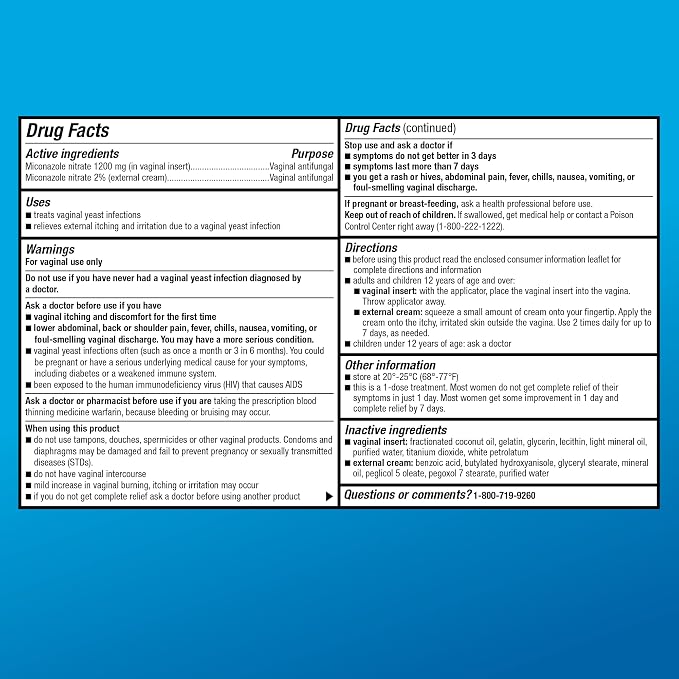 Amazon Basic Care Miconazole Nitrate Vaginal Insert 1200 mg and Miconazole Nitrate Cream 2%, 1-Day Treatment, Relieves Itching, Vaginal Yeast Infection, 0.32 Ounce, 1 Count