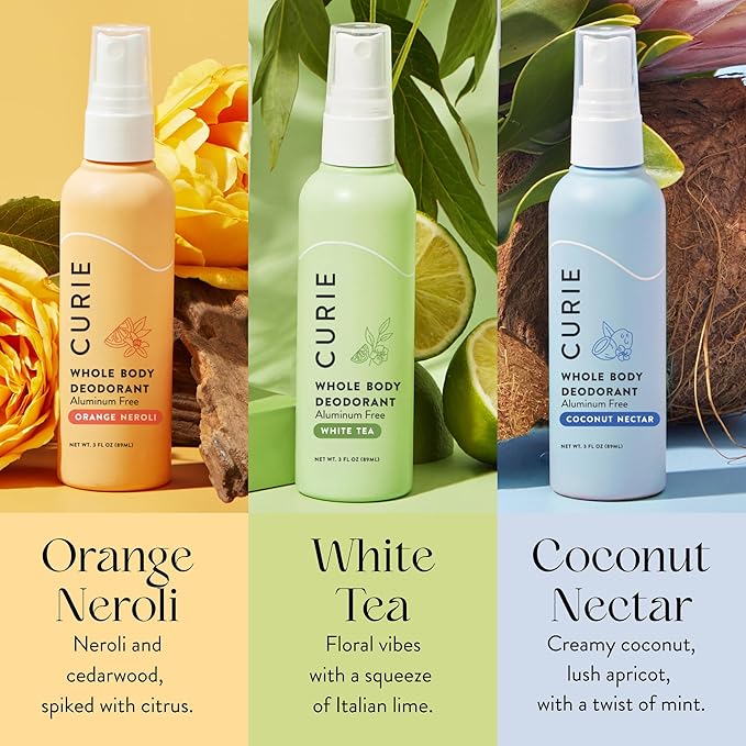 Curie Whole Body Deodorant - OG Spray Variety Pack - Aluminum Free, Natural, Paraben Free, Cruelty Free, Vegan - Coconut Nectar, Orange Neroli, and White Tea (3pk)