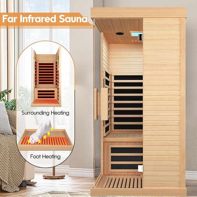 OUTEXER Sauna Room Indoor Far Infrared Saunas Home Canadian Hemlock 1450W Low-EMF Dry Saunas Single Person Spa with 7 Color Therapy 35.4 * 35.4 * 70.9inch