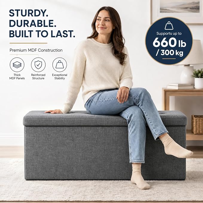 ALASDO 43 Inch Folding Storage Ottoman Bench with Hidden Storage, PU Leather Ottoman Foot Rest Stool, End of Bed Bench for Bedroom, Living Room, Entryway and Closet, Grey