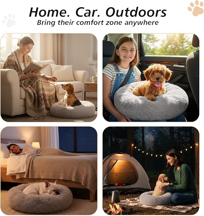 JOLLYVOGUE Small Dog & Cat Beds for Indoor Cats, Donut Cuddler Warming Soft Dog Beds with Anti-Slip Bottom, Round Calming Fluffy Plush Faux Fur Cushion Bed for Small Medium Dogs (20", Smoke Grey)
