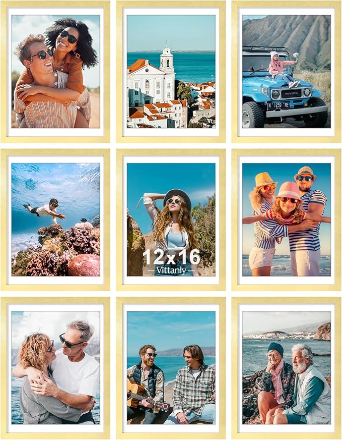Vittanly 12x16 Picture Frames Set of 9 for Wall Mounting, Gold | Display Pictures 11x14 with Mat or 12x16 without Mat, Engineered Wood with Shatter Resistant Plexiglass, Gallery Photo Frames