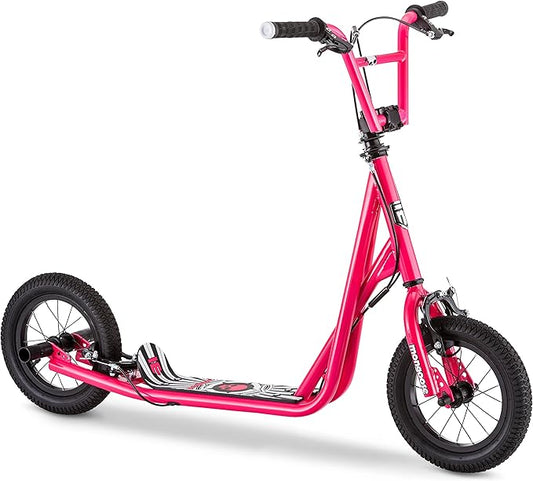 Mongoose Expo Kick Scooter, BMX-Style Handlebar & Brake Cable Rotor, Wide Foot Deck for Kids Youth Boys Girls Ages 6 and Up, Rear Axle Pegs, 12-Inch Air Tires, and Max. Weight of 175 lbs.