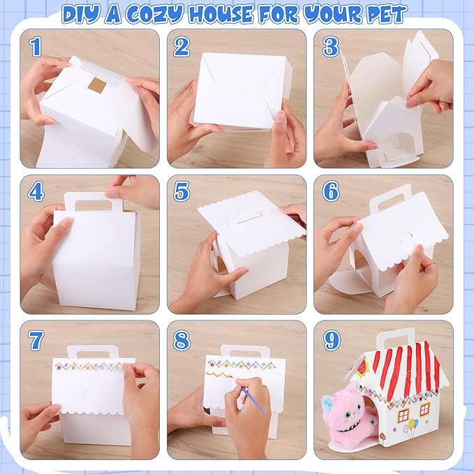 31 Pieces Adopt a Cat Party Favors 12 Mini Plush Stuffed Cats with Keychain Include Adopt a Cat Sign DIY White Cats House, Paint, Brushes & Stickers for Birthday Xmas DIY Craft Party Gifts