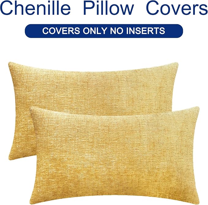 CaliTime Decorative Couch Throw Pillow Covers 26 X 16 Inches Gold | Pack of 2, Cozy Chenille Cushion Cases for Sofa Bed Living Room Farmhouse Home