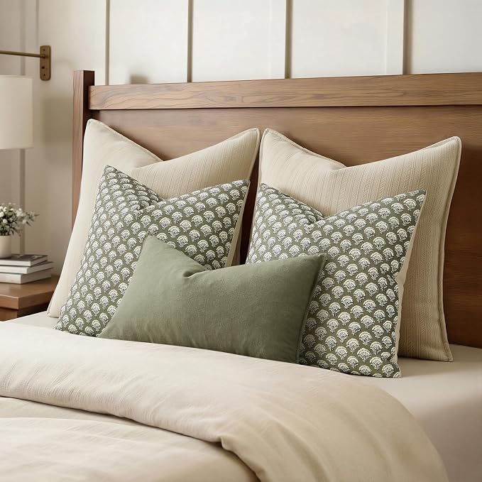 MIULEE Floral Print Decorative Pillow Covers 16x16, Sage Green | Vintage Boho Farmhouse Modern Home Decor, Set of 2, Block Print Cushion Covers for Couch Sofa Bed Living Room