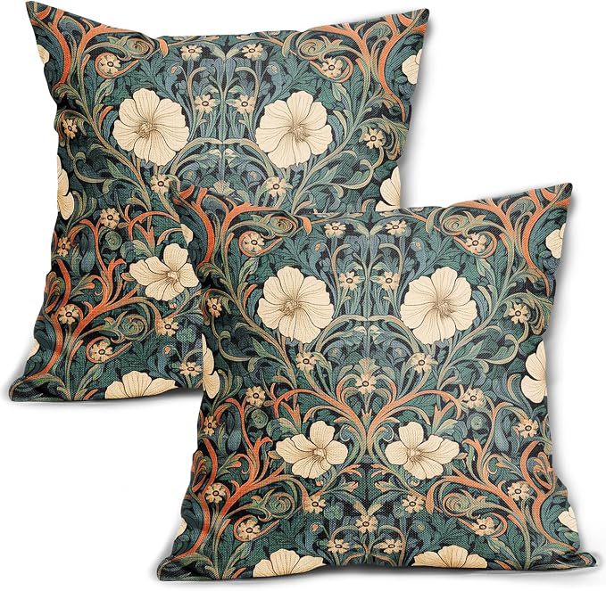 Vintage Floral Lumbar Pillow Covers 20x20 Inch Orange Whtie Green Toile Flowers Pillow Cases Chinoiserie Aesthetic Tapestry Linen Cushion Case Farmhouse Home Decor For Sofa Couch Porch Outdoor Set 2