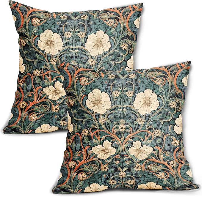 Vintage Floral Lumbar Pillow Covers 16x16 Inch Orange Whtie Green Toile Flowers Pillow Cases Chinoiserie Aesthetic Tapestry Linen Cushion Case Farmhouse Home Decor For Sofa Couch Porch Outdoor Set 2