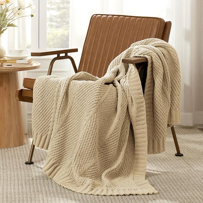 Knit Throw Blanket, Soft Chenille Cozy Breathable Chevron Chunky Decorative Blanket for Couch, Bed & Sofa, French-Inspired Lightweight Warm Gift for Women, Beige, 60"x80"