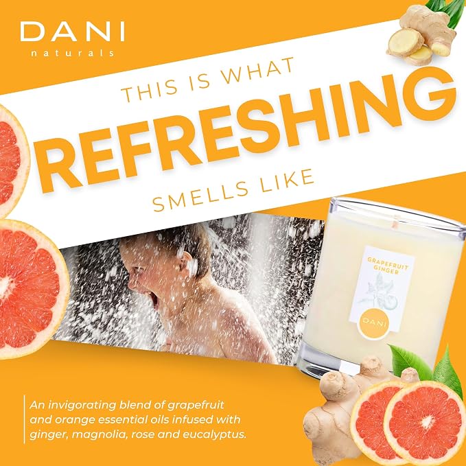 DANI Naturals Grapefruit Ginger 100% Soy Wax Candle, Non-Toxic, 7.5oz | Vegan,soy wax candle,Clean-burning with organic cotton wick,Energizing grapefruit ginger scent,Made in USA