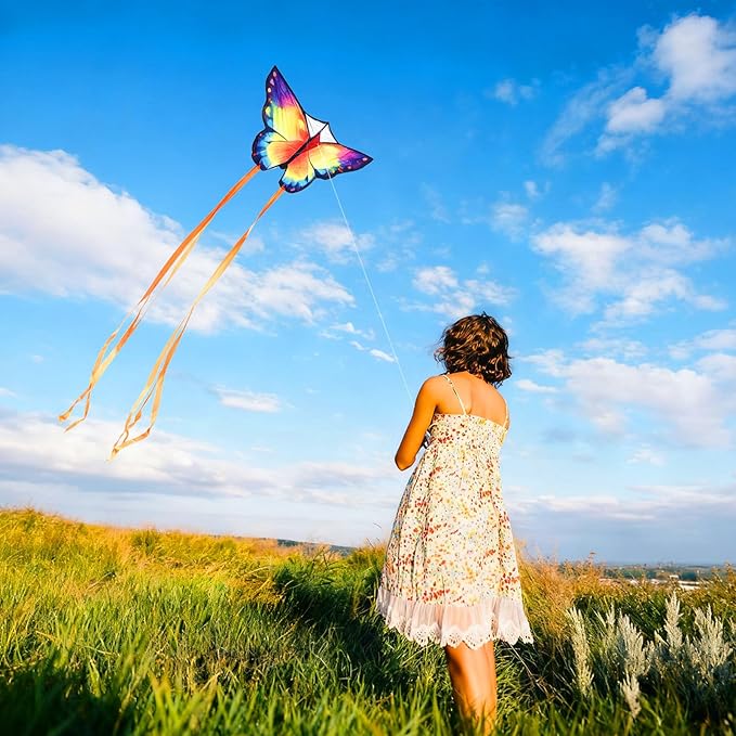 Simxkai Butterfly Kite for Kids & Adults, Easy to Fly Blue Big Kite for Beginners, Line Handle Included (1Pack 2Pack)