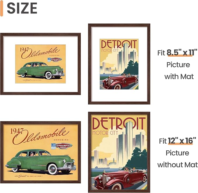 upsimples 12x16 Picture Frame, Display Pictures 8.5x11 with Mat or 12 x 16 Without, Wall Hanging Poster Frames, Brown, 1 Pack