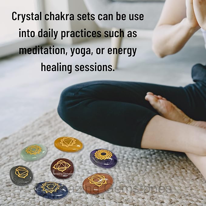 Amazing Gemstone 7 Chakra Oval Set Reiki Healing Crystal with Engraved Chakra OM Symbols Holistic Balancing Polished Palm Stones Set with Velvet Pouch
