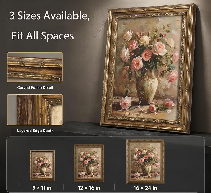 Gold Framed Vintage Floral Canvas Wall Art French Country Painting Picture Wall Decor Vase Flower Arrangement Poster Print Artwork for Living Room Bedroom Bathroom Home Decoration