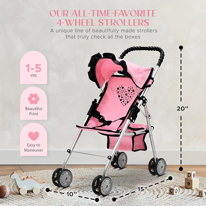 Dolls To Play Baby Doll Stroller Bed and Seat Nursery Playset, Accessories Furniture Set High Chair Diaper Bag Role Play Deluxe Set Heart Design