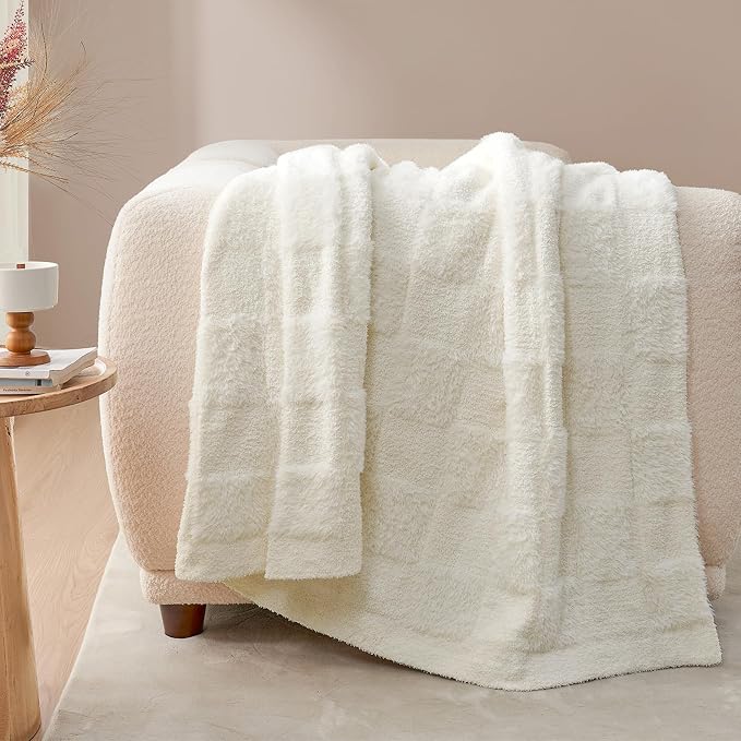 Snuggle Sac Checkered Throw Blanket Faux Fur Microfiber Blankets for Couch,Cozy Soft Warm Blanket for Sofa Bedroom Living Room,Solid Ivory,50x60 inches