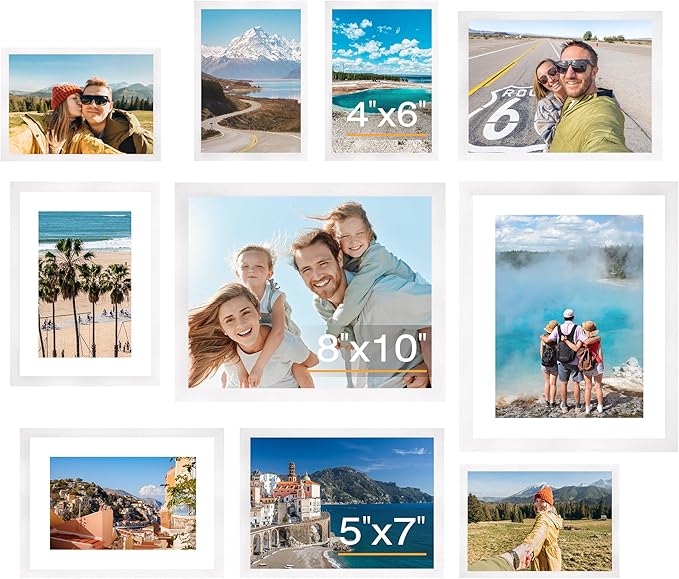 10 Pack Picture Frames Collage Wall Decor for Mounting or Tabletop Display, Gallery Wall Frame Set with Two 8x10 White Frames, Four 5x7 Frames and Four 4x6 Frames, Multi-Pack Photo Frame Set