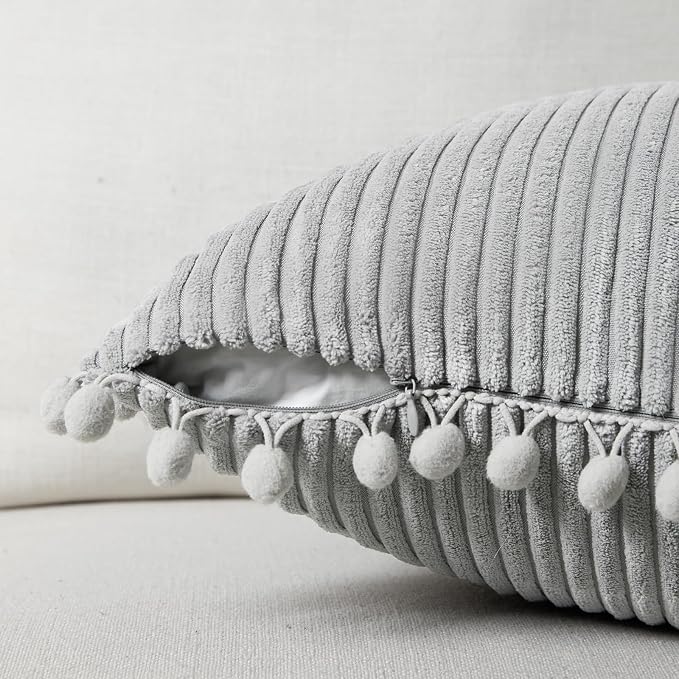 Fancy Homi 2 Packs Neutral Grey Decorative Throw Pillow Covers 18x18 Inch with Pom-poms for Couch Bed Sofa, Aesthetic Modern Organic Farmhouse Boho Home Decor, Soft Corduroy Cute Accent Cushion Case