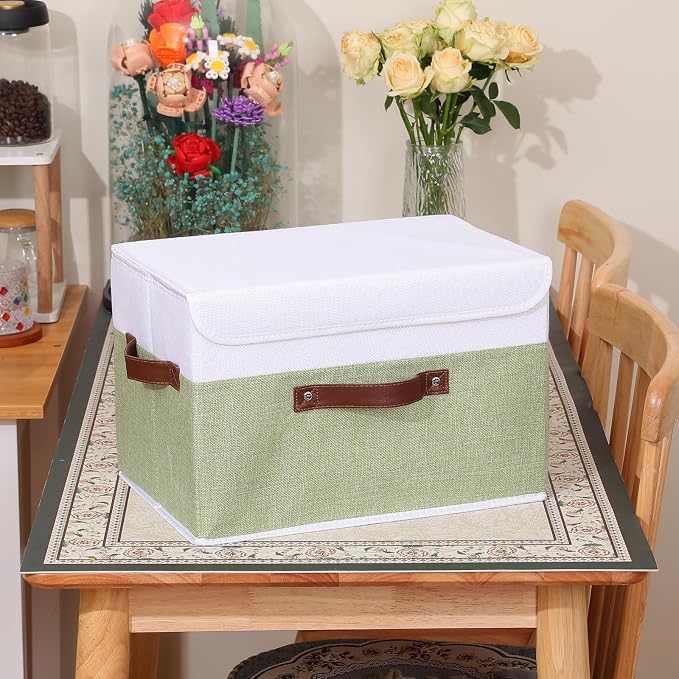 ANMINY Fabric Storage Box Bins with Lids, Green White, 15"x10"x10" | Keepsake Memory Storage, Cotton Linen, PP Board Reinforced, Washable, PU Handles, Foldable & Stackable, Decorative, Large